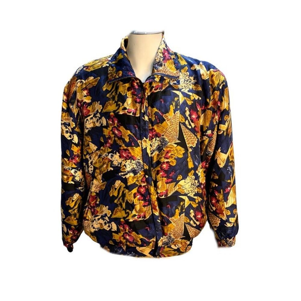Vintage Coaco Multi-Colored Silk Zip Front Multi-Colored Floral Light Jacket